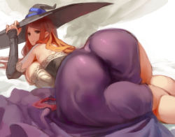 Rule 34 | 1girl, :o, ass, breast press, breasts, brown eyes, brown hair, covered anus, dragon&#039;s crown, hat, huge breasts, kazo (kazozakazo), long hair, looking at viewer, looking back, lying, open mouth, robe, smile, solo, sorceress (dragon&#039;s crown), witch, witch hat