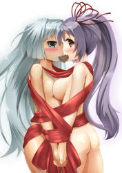 Rule 34 | 2girls, ass, asymmetrical docking, back, blue eyes, blush, breast press, breasts, candy, chocolate, chocolate heart, food, heart, holding hands, interlocked fingers, long hair, medium breasts, mouth hold, multiple girls, naked ribbon, original, ponytail, purple hair, red eyes, ribbon, sideboob, silver hair, simple background, small breasts, totto, white background, yuri