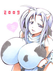 Rule 34 | 00s, 1girl, 2009, animal print, bad id, bad pixiv id, blue eyes, blue hair, breast hold, breasts, costume, cow, cow girl, cow print, horns, huge breasts, new year, original, solo, uccow