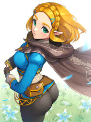 Rule 34 | 1girl, absurdres, ass, belt bag, black pants, blonde hair, blue shirt, braid, breasts, brown cape, brown gloves, cape, commentary request, cowboy shot, crown braid, falling petals, fingerless gloves, flower, from above, gloves, gonzarez, grass, green eyes, highres, holding, looking at viewer, looking back, looking to the side, looking up, medium breasts, nintendo, official alternate hair length, official alternate hairstyle, outdoors, pants, parted bangs, parted lips, petals, pointy ears, princess, princess zelda, sheikah slate, shirt, short hair, solo, the legend of zelda, the legend of zelda: tears of the kingdom, thick eyebrows, tight clothes, tight pants