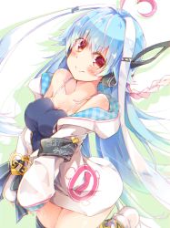 Rule 34 | 1girl, ahoge, bare shoulders, bemani, blue hair, blue one-piece swimsuit, blush, boots, braid, breasts, cleavage, closed mouth, commentary request, dyed ahoge, heart, heart ahoge, highres, hood, hood down, hooded jacket, ichika (bemani), jacket, long hair, long sleeves, looking at viewer, medium breasts, multicolored hair, one-piece swimsuit, open clothes, open jacket, plaid, puffy long sleeves, puffy sleeves, red eyes, rinrin (927413), sleeves past wrists, smile, solo, streaked hair, swimsuit, very long hair, white footwear, white hair, white jacket