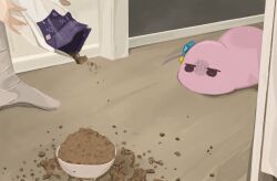 Rule 34 | 1girl, 1other, animalization, bag, black eyes, blob, bocchi the rock!, bowl, cat scared of food (meme), cube hair ornament, food, gotoh hitori, gotoh hitori (tsuchinoko), hair ornament, highres, indoors, meme, naaga sonomono, on floor, one side up, pet bowl, pet food, shaded face, solo focus, standing, tsuchinoko