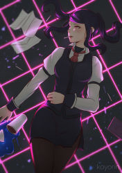 Rule 34 | 1girl, artist name, bartender, black hair, black pantyhose, black vest, cigarette, collared shirt, cup, drink, hand on own stomach, jill stingray, koyorin, long hair, long sleeves, looking to the side, lying, mouth hold, necktie, on back, panties, pantyhose, pencil skirt, ponytail, purple eyes, shirt, sidelocks, skirt, spill, twintails, underwear, va-11 hall-a, vest, white shirt