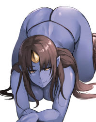 Rule 34 | 1girl, all fours, ass, blue skin, boots, breasts, brown eyes, brown hair, cleavage, colored skin, g-string, horns, large breasts, long hair, looking at viewer, oni, original, panties, pepe (jonasan), pointy ears, single horn, smile, solo, thong, topless, underwear, white background