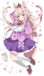 Rule 34 | 1girl, animal ear fluff, animal ears, arm up, bad id, bad pixiv id, blush, brown footwear, brown hair, closed mouth, commentary, crown, floral background, grey socks, hair ornament, highres, jacket, juliet sleeves, kneehighs, loafers, long hair, long sleeves, looking at viewer, mini crown, original, pink jacket, pleated skirt, puffy sleeves, purple eyes, purple skirt, shoes, simple background, skirt, smile, socks, solo, symbol-only commentary, tail, tsukiyo (skymint), very long hair, white background