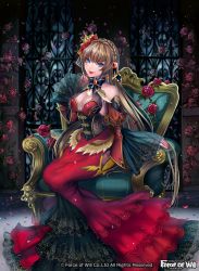 Rule 34 | 1girl, anklet, bare shoulders, blue eyes, bow, bowtie, braid, breasts, brown hair, chair, cleavage, copyright name, crown, dress, earrings, feathered wings, flower, force of will, full body, jewelry, leaf, lipstick, long hair, looking at viewer, makeup, matsurika youko, medium breasts, mini crown, nail polish, official art, open mouth, rose, sitting, smile, solo, window, wings