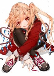 Rule 34 | 1girl, alternate costume, bad id, bad pixiv id, black footwear, black pantyhose, blonde hair, commentary request, contemporary, crossed legs, flandre scarlet, full body, gotou (nekocat), hair ornament, hairclip, head tilt, highres, hood, hooded jacket, jacket, knees up, long hair, long sleeves, looking at viewer, pantyhose, red eyes, red jacket, shoelaces, shoes, side ponytail, sitting, smile, solo, tongue, tongue out, touhou, wings