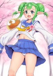 Rule 34 | 1girl, blue eyes, blurry, blurry background, blush, breasts, crotch seam, feet out of frame, green hair, highres, lidelle (puyopuyo), long hair, long sleeves, looking at viewer, midriff, navel, open mouth, orizen, panties, pleated skirt, pointy ears, puyopuyo, sailor collar, skirt, sleeves past wrists, small breasts, smile, solo, tareme, tree, underwear, white panties