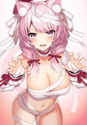 Rule 34 | 1girl, ahoge, animal ear fluff, animal ears, bandages, breasts, cat ears, cat girl, cat tail, cleavage, commission, hair ribbon, highres, kinsenka momi, large breasts, naked bandage, navel, open mouth, original, pink eyes, pink hair, red ribbon, ribbon, short twintails, skeb commission, solo, tail, teeth, twintails, wrist cuffs