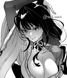 Rule 34 | 1girl, arm up, armor, breasts, cleavage, eyelashes, genshin impact, greyscale, hair between eyes, japanese armor, japanese clothes, large breasts, long hair, looking at viewer, mole, mole under eye, monochrome, raiden shogun, simple background, solo, togi9999, twitter username, upper body, wide sleeves