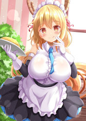 Rule 34 | 1girl, :q, apron, black skirt, black sleeves, blonde hair, blue neckwear, blush, breasts, closed mouth, commentary request, detached sleeves, dragon horns, frilled apron, frills, gloves, hair between eyes, hair ribbon, highres, holding, holding tray, horns, indoors, kobayashi-san chi no maidragon, large breasts, long hair, long sleeves, maid, maid headdress, pink ribbon, red eyes, ribbon, shirt, skirt, sleeveless, sleeveless shirt, smile, solo, tohru (maidragon), tongue, tongue out, tray, very long hair, waist apron, white apron, white gloves, white shirt, window, xenon (for achieve)