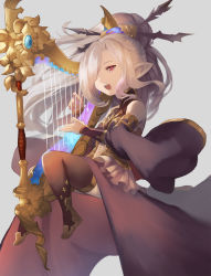 Rule 34 | 1girl, bare shoulders, black thighhighs, boots, breasts, commentary request, detached sleeves, from side, full body, granblue fantasy, grey background, hair over one eye, harp, harvin, high ponytail, highres, instrument, long hair, music, navel, niyon (granblue fantasy), open mouth, pink eyes, playing instrument, pointy ears, simple background, sitting, skymax, small breasts, solo, thigh boots, thighhighs, very long hair, white hair