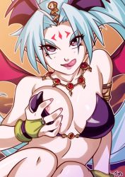 Rule 34 | 1girl, bad id, bad twitter id, bare shoulders, bat wings, bikini, bikini top only, blue hair, grabbing another&#039;s breast, breasts, bridal gauntlets, cleavage, delta (words worth), demon girl, facial mark, fang, forehead mark, grabbing, grabbing own breast, head wings, highres, large breasts, licking lips, lips, naughty face, necktie, nipple slip, nipples, optionaltypo, pointy ears, red eyes, solo, strapless, strapless bikini, swimsuit, tongue, tongue out, wings, words worth