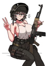 Rule 34 | 1girl, akm, ammunition pouch, assault rifle, bandage on face, bandages, bandaid, bandaid on face, bandaid on nose, breasts, formicid, gun, helmet, holding, holding weapon, kalashnikov rifle, knees together feet apart, knife, large breasts, light machine gun, original, pouch, rifle, rpk, short hair, sideboob, sitting, smile, solo, tank top, v, vertical foregrip, weapon, white background, white tank top