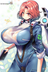 Rule 34 | 1girl, blush, bodysuit, breasts, closed mouth, clover, clover print, collar, floral background, flower, fortune (last origin), four-leaf clover, highres, huge breasts, last origin, looking at viewer, mechanical arms, parted bangs, red eyes, red hair, shiny clothes, shiny skin, shirt, short hair, single mechanical arm, smile, tight clothes, tight shirt, umigarasu (kitsune1963), wet