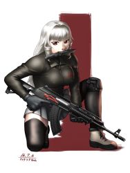 Rule 34 | 1girl, ak-47, assault rifle, black gloves, black thighhighs, boots, borrowed character, breasts, character request, combat boots, combat knife, covered erect nipples, full body, gloves, gun, highres, kalashnikov rifle, knee pads, knife, large breasts, long hair, miniskirt, mouth hold, on one knee, original, red eyes, rifle, ringlets, skirt, solo, taikyokuturugi, thighhighs, trigger discipline, weapon, weapon request, white hair, zettai ryouiki