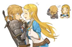 Rule 34 | 1boy, 1girl, armor, belt, black gloves, blonde hair, blue dress, blue eyes, blush, braid, brown belt, chibi, closed eyes, crown braid, dress, ear piercing, fingerless gloves, flying sweatdrops, forehead, from side, gauntlets, gloves, hair ornament, hairclip, holding hands, hyrule warriors: age of calamity, knight, link, long hair, nintendo, official alternate costume, open mouth, piercing, pointy ears, princess zelda, profile, short hair, short ponytail, shoulder armor, simple background, smile, soldier&#039;s set (zelda), sword, teeth, the legend of zelda, the legend of zelda: breath of the wild, two-tone dress, upper teeth only, weapon, white background, white dress, wufaxianshi cnd