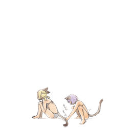 Rule 34 | 00s, 2girls, animal ears, bad id, bad pixiv id, blonde hair, cat girl, comic, final fantasy, final fantasy xi, mithra (ff11), multiple girls, nucomas, purple hair, simple background, sitting, squatting, tail, tail grab, white background