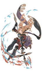 Rule 34 | 1girl, arm guards, black gloves, black hairband, black pants, blonde hair, blue eyes, fire, gloves, granblue fantasy, hairband, highres, holding, holding polearm, holding weapon, long scarf, pants, polearm, scarf, shimatani azu, solo, spear, toeless footwear, twintails, weapon, zeta (granblue fantasy)