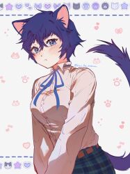 Rule 34 | 1girl, absurdres, animal ears, blue bow, blue eyes, blue hair, bow, buttons, cat ears, cat tail, highres, houndstooth, long sleeves, persona, persona 4, plaid, plaid skirt, rao per mitsuru, reverse trap, shirogane naoto, shirt, skirt, solo, tail, tomboy, twitter username, white shirt