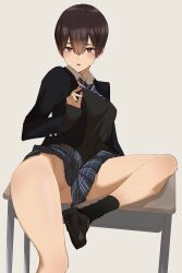 Rule 34 | 1girl, :o, absurdres, black jacket, black socks, blazer, blush, breasts, brown hair, collared shirt, commentary request, desk, foot out of frame, hair between eyes, highres, jacket, legs, loafers, long sleeves, looking at viewer, medium breasts, miniskirt, mole, mole under eye, necktie, no panties, open mouth, original, pen guin15, plaid, plaid skirt, pleated skirt, purple eyes, school desk, school uniform, shirt, shoes, short hair, simple background, sitting, skirt, socks, solo, convenient skirt, thighs, white shirt