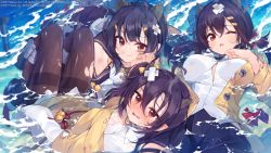Rule 34 | 3girls, abukuma (azur lane), afloat, ahoge, azur lane, bell, black hair, black pants, blush, bow, breasts, brown eyes, brown hair, button gap, cardigan, closed mouth, commentary request, crossed bandaids, fang, hair between eyes, hair ornament, hair ribbon, hairclip, highres, horns, isuzu (azur lane), jingle bell, large breasts, long hair, long sleeves, looking at viewer, low twintails, multiple girls, nagara (azur lane), nose blush, ocean, official art, one eye closed, oni horns, open mouth, oversized clothes, pants, pantyhose, pleated skirt, pointy ears, red bow, red eyes, ribbon, rigging, sankyaku tako, shirt, short hair, side ponytail, sidelocks, skirt, sleeves past wrists, smile, smoke, tears, thighband pantyhose, torn clothes, torn shirt, twintails, white shirt, yellow bow, yellow cardigan