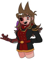 1girl :d \||/ antenna_hair arm_behind_back belt black_jacket black_sclera brown_hair buttons colored_sclera cropped_legs double-breasted eddsworld fangs flipped_hair future_tord_(eddsworld) genderswap genderswap_(mtf) hair_horns highres jacket long_hair long_sleeves looking_at_viewer mechanical_arms mismatched_sclera open_mouth red_belt red_eyes simple_background single_mechanical_arm smile solo teeth tongue tord_(eddsworld) tori_(eddsworld) whalebone_(muffinsuki) white_background wide-eyed