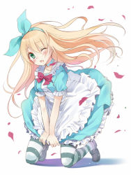 1girl alice_(alice_in_wonderland) alice_in_wonderland apron blonde_hair blue_eyes bow dress dress_tug female_focus green_eyes hair_ribbon hairband kneeling long_hair maigoyaki one_eye_closed open_mouth pantyhose petals ribbon shoes solo striped_clothes striped_pantyhose wind wink