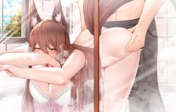 Rule 34 | 1boy, 1girl, absurdres, amagi (azur lane), animal ears, ass, azur lane, bent over, black pants, blush, bra, breasts, brown hair, brown tail, clothed sex, fox ears, fox tail, full-face blush, hair between eyes, hanging breasts, hetero, highres, implied sex, large breasts, long hair, panties, pants, panty pull, samip, shower (place), tail, underwear, vaginal, very long hair, white bra, white panties