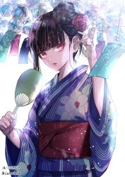 Rule 34 | 1girl, alternate costume, alternate hairstyle, artist name, black hair, blue kimono, commentary request, danganronpa (series), danganronpa v3: killing harmony, earrings, floral print, flower, hand fan, harukawa maki, holding, japanese clothes, jewelry, kimono, long sleeves, looking at viewer, mole, mole under eye, paper fan, red eyes, red flower, red lips, red rose, rose, short hair, simple background, solo, stud earrings, uchiwa, white background, wide sleeves, z-epto (chat-noir86)