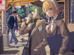 Rule 34 | 2girls, bag, black headwear, blonde hair, blue eyes, bow, brown coat, cabbie hat, closed eyes, coat, commentary, covering own mouth, dog, expressionless, food, green hair, gumi, hair bow, hand in pocket, hat, holding, holding food, kagamine rin, looking at viewer, multiple girls, outdoors, sandwich, shirt, short hair, shoulder bag, sidelocks, signpost, urban, vocaloid, white bow, white shirt, wounds404, yawning