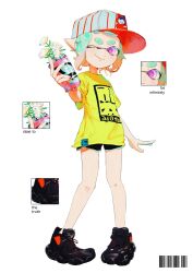 Rule 34 | 1girl, ;), arm at side, barcode, baseball cap, black footwear, black shorts, blue hair, blue trim, close-up, closed mouth, commentary request, dolphin shorts, english text, flower, full body, hat, highres, holding vase, inkling, inkling girl, inkling player character, looking at viewer, multicolored hair, multiple views, nintendo, one eye closed, orange hair, pink eyes, pointy ears, pppmepl, print shirt, shirt, short hair, short sleeves, shorts, simple background, smile, splatoon (series), splatoon 3, standing, striped clothes, striped headwear, tentacle hair, thick eyebrows, two-tone hair, two-tone headwear, vase, white background, white flower, white hat, yellow shirt