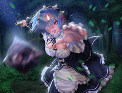 Rule 34 | 10s, 1girl, absurdres, aiming, aiming at viewer, apron, ball and chain (weapon), black ribbon, blazingpumpkin, blue eyes, blue hair, breasts, chain, cleavage, commentary, english commentary, fighting stance, forest, frilled sleeves, frills, hair ornament, hair over one eye, highres, holding, holding weapon, large breasts, lips, looking at viewer, maid, maid headdress, motion blur, nature, night, pink ribbon, re:zero kara hajimeru isekai seikatsu, reaching, reaching towards viewer, rem (re:zero), ribbon, ribbon trim, serious, short hair, solo, unfinished, waist apron, weapon, x hair ornament
