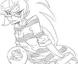 Rule 34 | 10s, 1girl, bad id, bb (baalbuddy), blush, chained wrists, cuffs, demon girl, fang, glasses, greyscale, horns, inactive account, kneesocks (psg), long hair, monochrome, panty &amp; stocking with garterbelt, ponytail, prison clothes, semi-rimless eyewear, shackles, single horn, sketch, solo, striped, sweatdrop, under-rim eyewear
