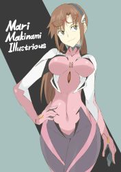 Rule 34 | 10s, 1girl, blue eyes, brown hair, character name, contrapposto, covered navel, evangelion: 3.0 you can (not) redo, eyewear on head, glasses, hand on own hip, hip focus, makinami mari illustrious, neon genesis evangelion, plugsuit, rebuild of evangelion, shigino sohuzi, solo, standing