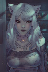 Rule 34 | 10s, 1girl, animal ears, warrior of light (ff14), bare shoulders, blue hair, cat ears, final fantasy, final fantasy xiv, grey eyes, jewelry, large areolae, long hair, miqo&#039;te, necklace, scar, scar across eye, scar on face, see-through, slit pupils, solo, soranamae