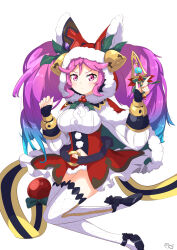 Rule 34 | 1girl, :&lt;, basukechi, belt, blue hair, capelet, cleo (dragalia lost), dagger, dragalia lost, fur trim, hat, hat bell, highres, holding, holding dagger, holding knife, holding weapon, knife, long hair, long sleeves, looking at viewer, multicolored hair, navel, official alternate costume, pink eyes, pink hair, red hat, santa hat, skirt, solo, thighhighs, twintails, two-tone hair, weapon, white background, white skirt, white thighhighs