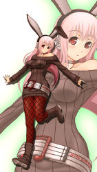 Rule 34 | 1girl, \m/, alternate costume, animal ears, baron (baron-eros), blush, breasts, female focus, gradient background, headphones, highres, large breasts, long hair, looking at viewer, nitroplus, off shoulder, pink hair, rabbit ears, red eyes, ribbed sweater, smile, solo, super sonico, sweater, thighhighs, zoom layer