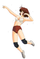 Rule 34 | 1girl, a1 (initial-g), areola slip, bra, breasts, brown eyes, brown hair, buruma, jumping, knee pads, large breasts, lingerie, nipple slip, nipples, no socks, open mouth, simple background, solo, sweat, underwear, white background