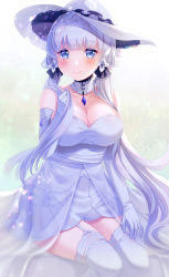 Rule 34 | 1girl, azur lane, bare shoulders, blue eyes, blue gemstone, breasts, cleavage, detached collar, dress, elbow gloves, garter straps, gem, gloves, hat, highres, illustrious (azur lane), large breasts, long hair, looking at viewer, see-through, shizuki aya, sitting, skirt, smile, solo, strapless, strapless dress, sun hat, thighhighs, very long hair, white gloves, white hair, white hat, white skirt, white thighhighs