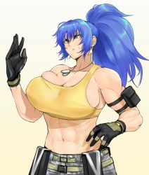 Rule 34 | 1girl, anagumasan, belt, biceps, blue eyes, blue hair, breasts, cleavage, dog tags, earrings, gloves, highres, huge breasts, jewelry, large breasts, leona heidern, midriff, muscular, muscular female, pants, pouch, snk, solo, sweatdrop, tank top, the king of fighters, the king of fighters xiv, the king of fighters xv, yellow tank top