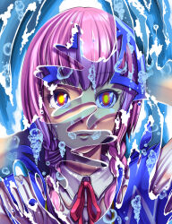 Rule 34 | 1girl, air bubble, arms up, blue eyes, blue jacket, braid, bubble, collared shirt, covering one eye, covering own mouth, expressionless, hands up, highres, hood, hood up, jacket, kaf (kamitsubaki studio), kamitsubaki studio, kyouyama (kuromon), liquid, long hair, looking at viewer, low ponytail, low twin braids, multicolored eyes, neck ribbon, parted lips, pink hair, portrait, red eyes, red ribbon, revealing layer, ribbon, shirt, solo, straight-on, translucent, twin braids, virtual youtuber, water, wet, wet clothes, white shirt, yellow pupils, ||/