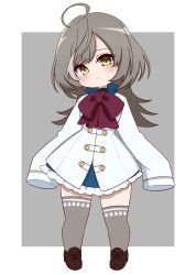 Rule 34 | 1girl, ahoge, animal print, arms at sides, assault lily, asymmetrical legwear, blue skirt, blush, border, bow, bowtie, brown footwear, buttons, closed mouth, commentary, frilled skirt, frills, full body, grey background, grey hair, grey thighhighs, head tilt, herensuge girls academy school uniform, highres, jacket, long hair, long sleeves, looking at viewer, miniskirt, multicolored hair, outside border, oversized clothes, pigeon-toed, print thighhighs, rabbit print, red bow, red bowtie, sasaki ran, school uniform, shoes, simple background, skirt, sleeves past fingers, sleeves past wrists, smile, solo, standing, streaked hair, thighhighs, ueda (ueeeeeeeee1006), uneven legwear, white border, white jacket, yellow eyes, zettai ryouiki