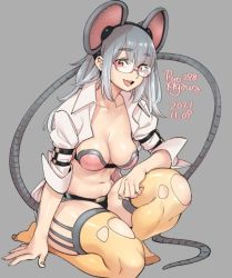 Rule 34 | 1girl, agawa ryou, animal ears, arm belt, arm support, artist name, belt, black belt, bra, breasts, buckle, cleavage, collarbone, collared shirt, commentary, dated, fake animal ears, glasses, grey background, grey hair, hair between eyes, linea alba, long hair, looking at viewer, medium breasts, mouse ears, mouse tail, navel, numbered, on one knee, open mouth, original, pink bra, red eyes, semi-rimless eyewear, shirt, short shorts, short sleeves, shorts, sidelocks, simple background, smile, solo, strapless, strapless bra, tail, teeth, thighhighs, torn clothes, torn thighhighs, underwear, upper teeth only, white shirt, yellow thighhighs