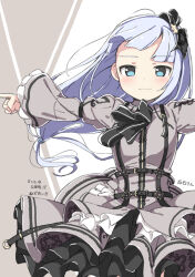 Rule 34 | 1girl, anniversary, aqua eyes, belt, black belt, black ribbon, blue hair, blush, breasts, character name, closed mouth, cowboy shot, dress, frilled sleeves, frills, grey background, grey dress, hair ribbon, hair tie, harness, idolmaster, idolmaster million live!, idolmaster million live! theater days, kuresuku (lessons), layered skirt, long hair, long sleeves, looking at viewer, official alternate costume, outstretched arms, proud of stage (idolmaster), puffy sleeves, ribbon, shiraishi tsumugi, simple background, skirt, small breasts, solo, spread arms, straight-on, straight hair, two-tone background, white background, wind, wind lift