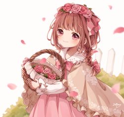 Rule 34 | 1girl, basket, bow, braid, brown capelet, brown hair, bush, capelet, collar, commission, dress, dress bow, fence, floral print, flower, flower basket, frilled capelet, frilled collar, frilled sleeves, frills, hair flower, hair ornament, hair ribbon, head wreath, highres, holding, holding basket, long sleeves, looking ahead, original, petals, pink bow, pink dress, pink eyes, pink flower, pink ribbon, pink rose, pink theme, ribbon, rose, rose print, signature, sleeves past wrists, smile, solo, star (symbol), star print, tukimisou0225, two-tone dress, virtual youtuber, white background, white collar, white flower