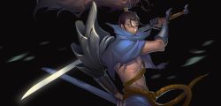 Rule 34 | 1boy, armor, belt, black background, blue cloak, blurry, blurry foreground, brown hair, cloak, facial hair, hair between eyes, highres, holding, holding clothes, holding scarf, holding sheath, holding sword, holding weapon, katana, leaf, league of legends, long hair, male focus, mustache, pauldrons, ponytail, qi1san, rope belt, scabbard, scarf, scratches, sheath, shoulder armor, simple background, single pauldron, solo, sword, torn, torn cloak, torn clothes, vambraces, very long hair, weapon, wind, yellow eyes