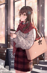 Rule 34 | 1girl, bad id, bad pixiv id, bag, blush, breath, brown hair, caba (caba091), cable knit, coffee cup, commentary, cowboy shot, cup, disposable cup, drink, grey sweater, hair ornament, highres, holding, holding drink, long hair, looking afar, looking away, open mouth, orange eyes, original, outdoors, plaid, plaid skirt, red scarf, scarf, sign, skirt, sleeves past wrists, snow, snowflake hair ornament, snowing, solo, stairs, steam, sweater, symbol-only commentary, wide sleeves, winter