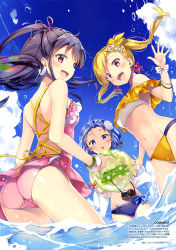 Rule 34 | 3girls, :d, :o, absurdres, ass, backless swimsuit, ball, bangle, bare shoulders, beachball, bikini, black hair, blonde hair, blue bikini, blue eyes, blue hair, blue sky, blush, bow, bow bikini, bracelet, braid, breasts, camera, cloud, day, dress swimsuit, earrings, english text, flower, french braid, frilled bikini, frilled swimsuit, frills, hair bow, hair flower, hair ornament, hair ribbon, highres, holding, holding ball, jacket, jewelry, long hair, looking at viewer, looking back, magazine scan, medium breasts, multiple girls, navel, one-piece swimsuit, open mouth, original, outdoors, pink bow, pink eyes, pink one-piece swimsuit, pink ribbon, ponytail, ribbon, round teeth, scan, shiny skin, sideways mouth, skindentation, sky, small breasts, smile, star (symbol), star earrings, swept bangs, swimsuit, teeth, translation request, twintails, wading, water, waving, white bow, white flower, white jacket, wrist bow, x hair ornament, yellow bikini, yellow bow