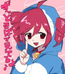Rule 34 | 1girl, ahoge, bell, blush, collar, cosplay, doraemon, doraemon (character), doraemon (character) (cosplay), drill hair, fang, hair through hood, highres, hood, hood up, index finger raised, kasane teto, long sleeves, looking at viewer, octopachi, open mouth, pink hair, red eyes, smile, solo, twin drills, utau